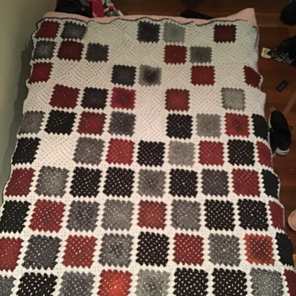 Crocheted Blanket - Grey, Charcoal and Burgundy