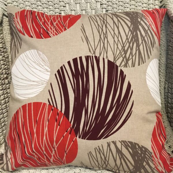 Beige Linen with Red, Burgundy, White & Brown Ball Scatter Cushion Cover