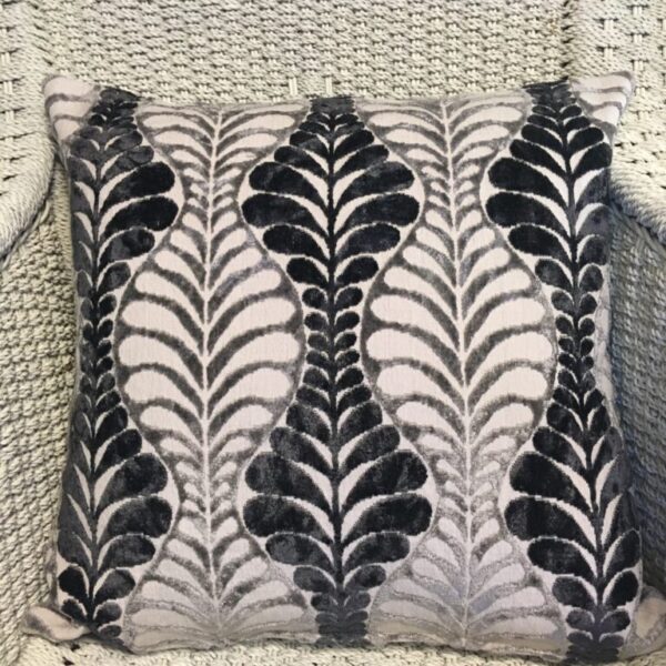 Silver & Charcoal Velour Leaves on Beige Background Cushion Cover (1)